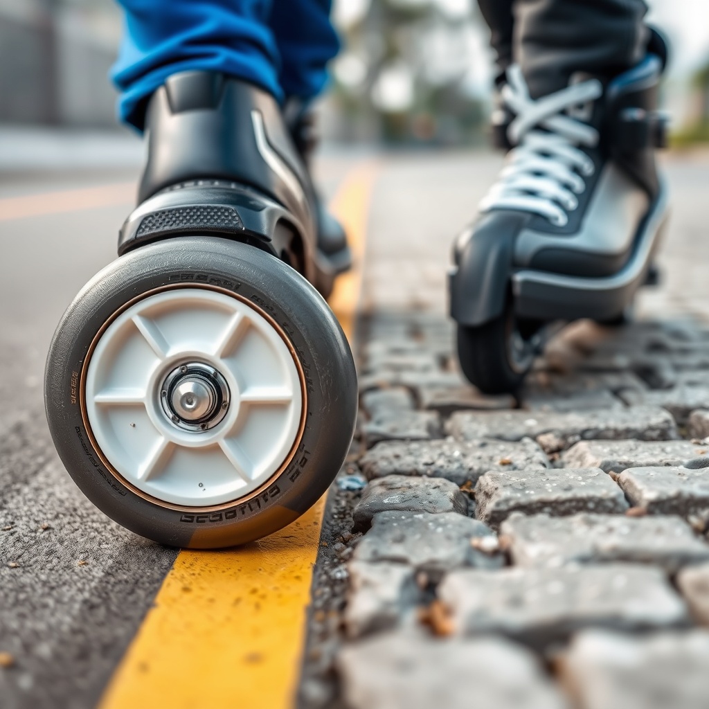매끄러운 우레탄 트랙과 거친 보도블록 위에서 각각 주행 중인 인라인 스케이트의 휠 접지면을 비교한 모습