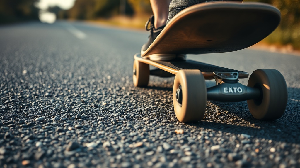 거친 아스팔트 도로 위를 주행하며 진동을 느끼는 스케이터의 하체 모습